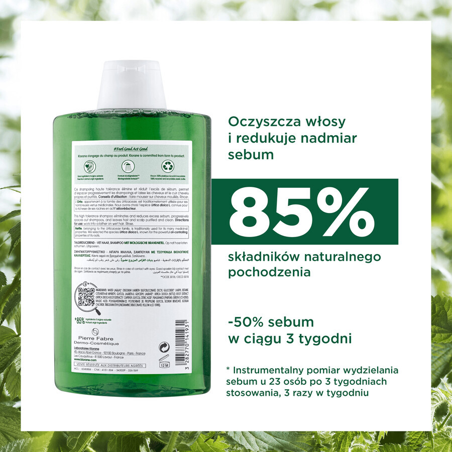 Klorane, șampon pe bază de extract de urzică pentru păr gras, 400 ml