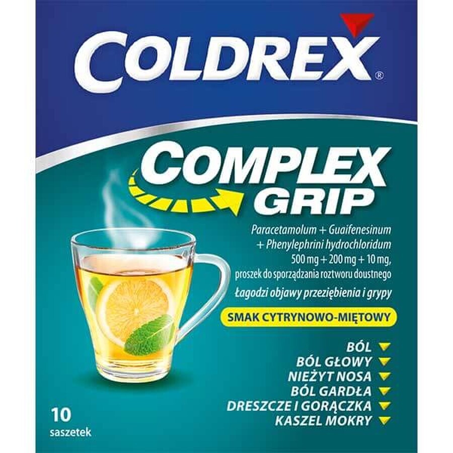 Coldrex Complex Grip 500 mg + 200 mg + 10 mg, Pulver zum Einnehmen, Zitronen-Minze-Geschmack, 10 Portionsbeutel