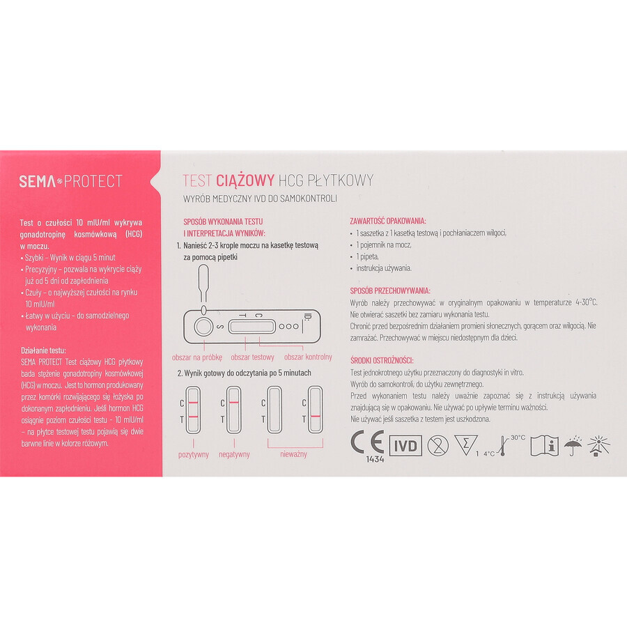 SEMA Protect, Thrombozyten-hCG-Schwangerschaftstest, super sensitiv 10 mlU/ml, 1 Stück