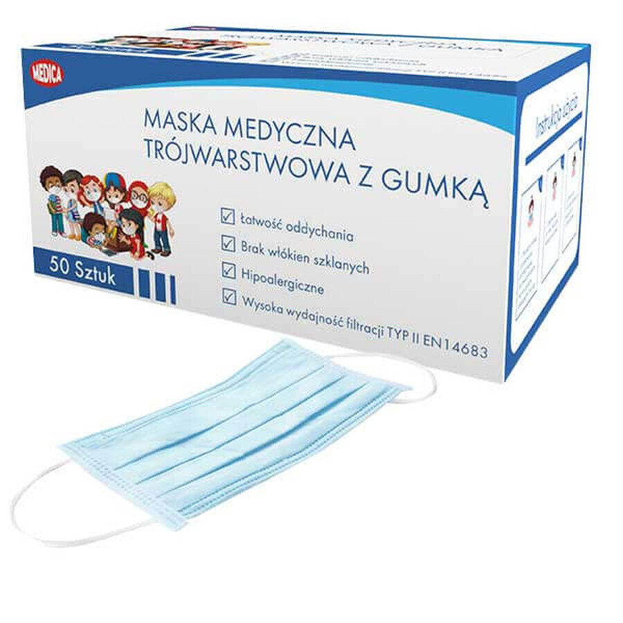 Medica, medizinische Maske mit Gummiband, pädiatrisch, 3-lagig, Typ II, 50 Stück