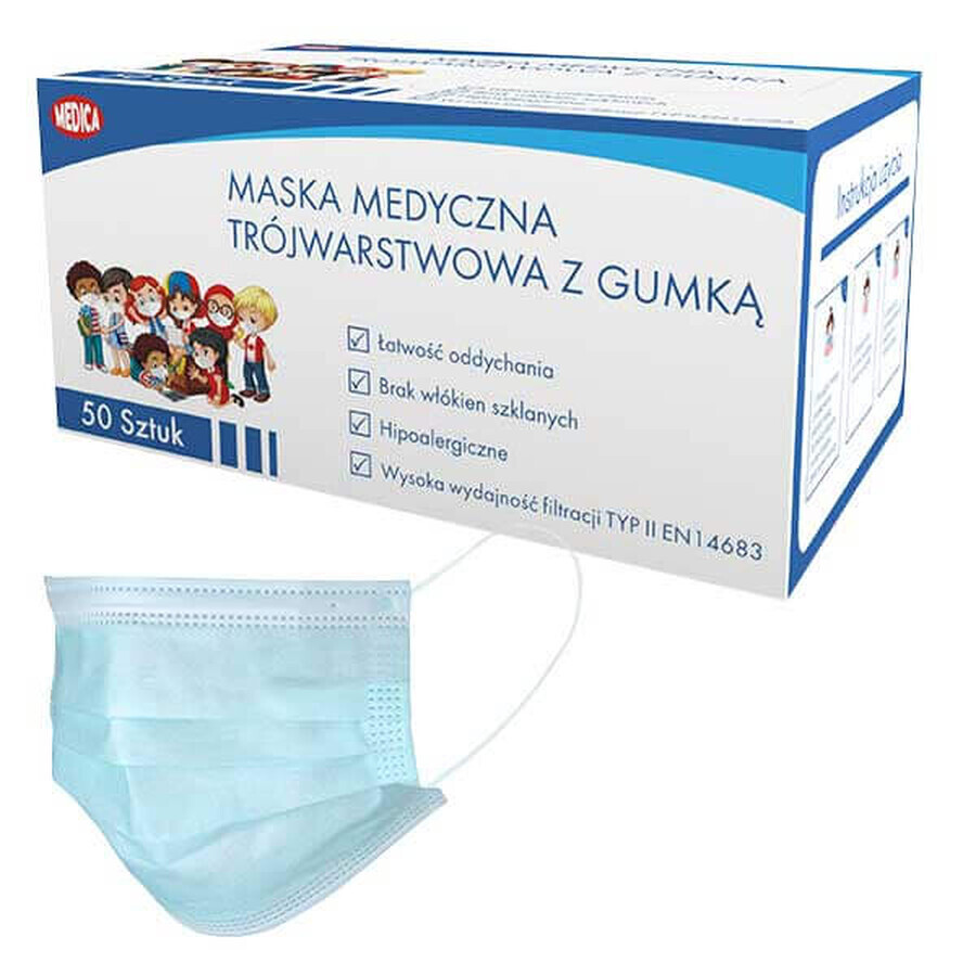 Medica, medizinische Maske mit Gummiband, pädiatrisch, 3-lagig, Typ II, 50 Stück