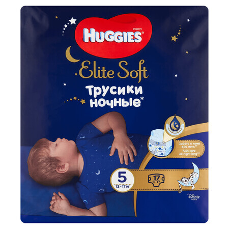 Huggies Elite Soft Night Pants, pannolini da notte, Disney, taglia 5, 12-17 kg, 17 pezzi