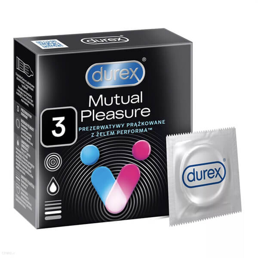 Durex Mutual Pleasure, preservativos con lubricante para prolongar el coito, acanalados con tachuelas, 3 piezas