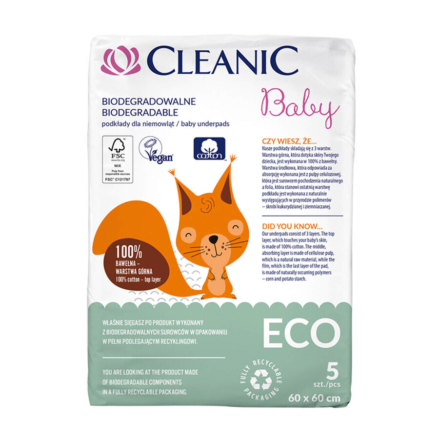 Cleanic Baby Eco, biologisch abbaubare Babyeinlagen, 60 cm x 60 cm, 5 Stück