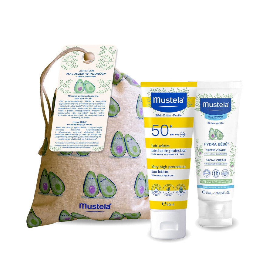 Mustela Sun set, Baby on the go - normal skin, lait solaire, SPF 50+, 40 ml + Hydra Bebe, crème visage, 40 ml