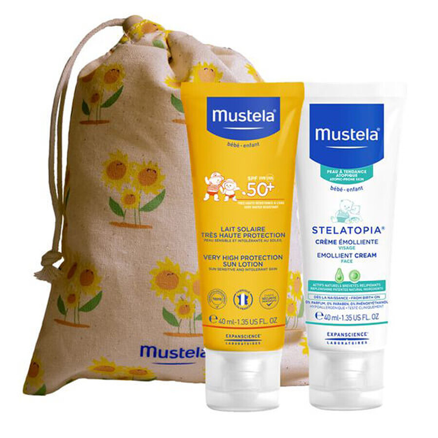 Mustela Sun set, Baby on the go - peau à tendance atopique, lait solaire, SPF 50, 40 ml + Stelatopia, crème visage, 40 ml