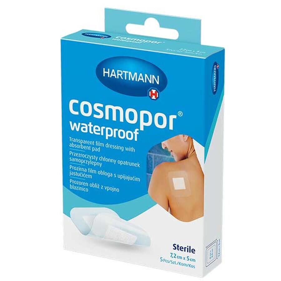 Cosmopor Waterproof, medicazione assorbente, autoadesiva, impermeabile, sterile, trasparente, 7,2 cm x 5 cm, 5 pz.