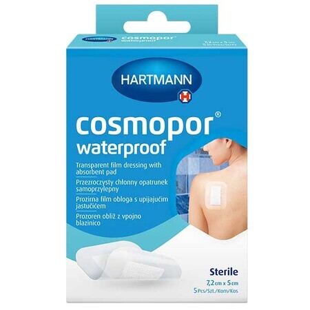 Cosmopor Waterproof, medicazione assorbente, autoadesiva, impermeabile, sterile, trasparente, 7,2 cm x 5 cm, 5 pz.