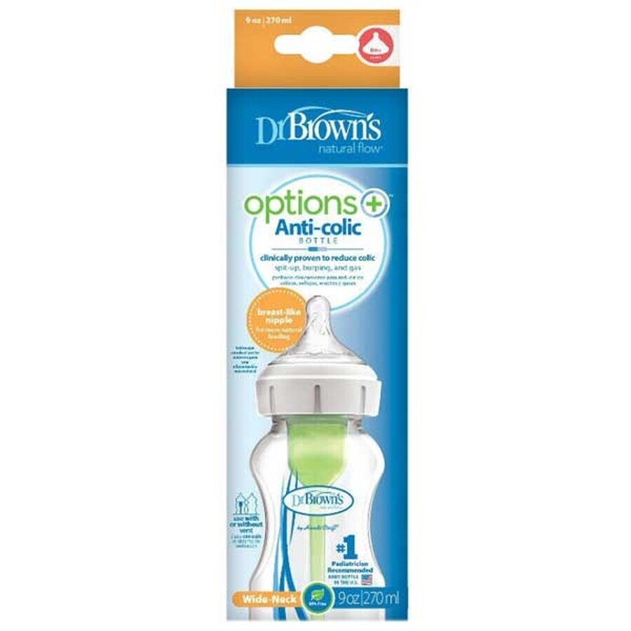 Dr Browns Options+, biberon anti-colique, à col large, avec tétine, 0-3 mois, 270 ml