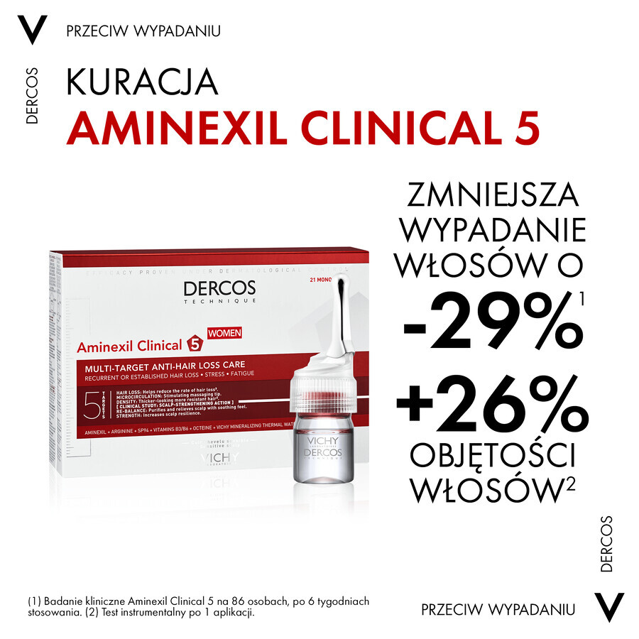 Vichy Dercos Aminexil Clinical 5, Haarausfallbehandlung für Frauen, 6 ml x 21 Ampullen