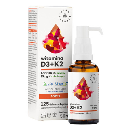 Aura Herbals Vitamin D3 4000 IU + K2 75 µg Forte, Tropfen, 50 ml