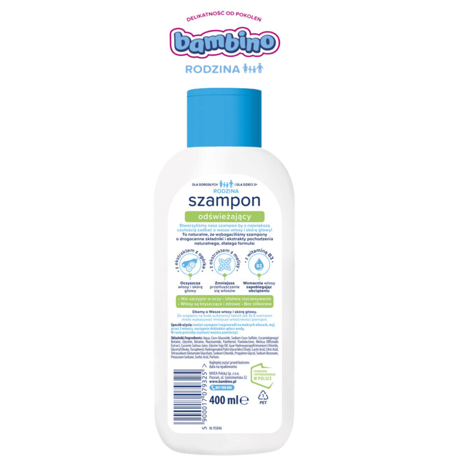 Bambino Family, verfrissende shampoo voor normaal en vet haar, hyperdelicaat, vanaf 3 jaar, 400 ml