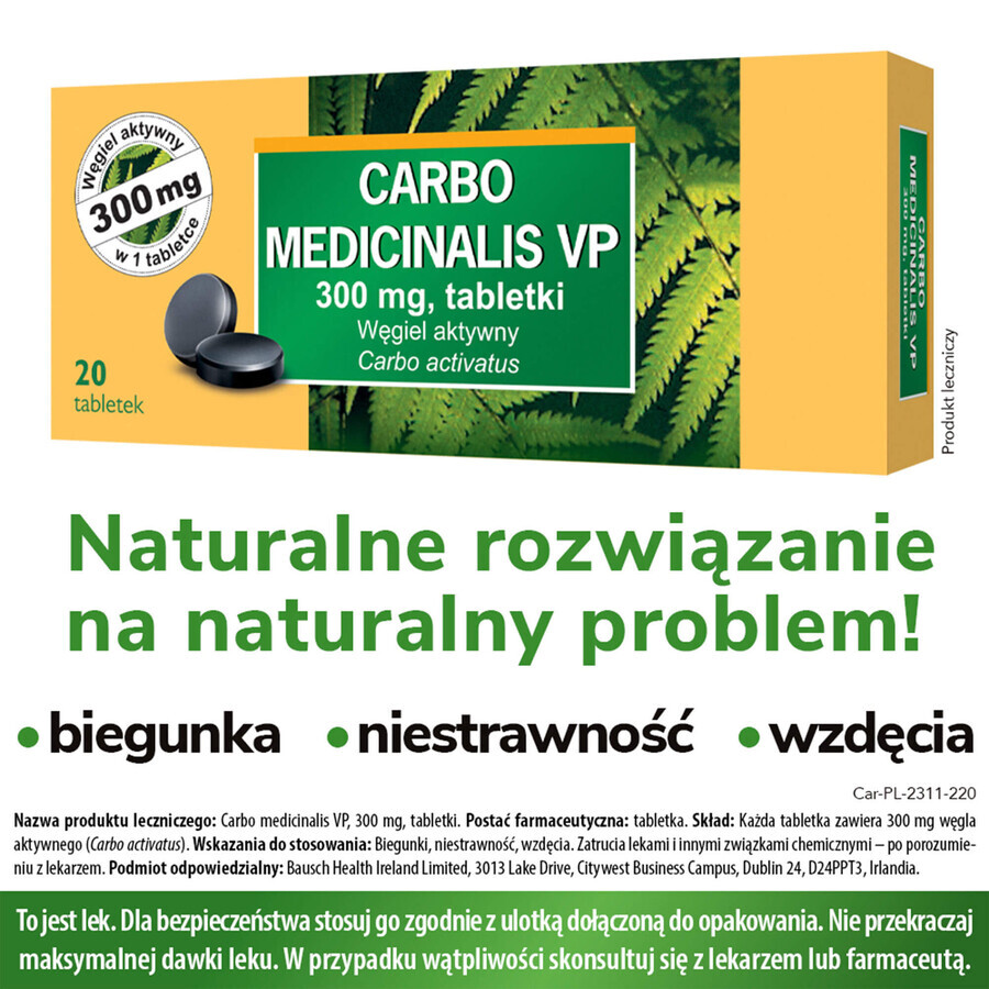 Carbo medicinalis VP 300 mg, carbone attivo, 20 compresse