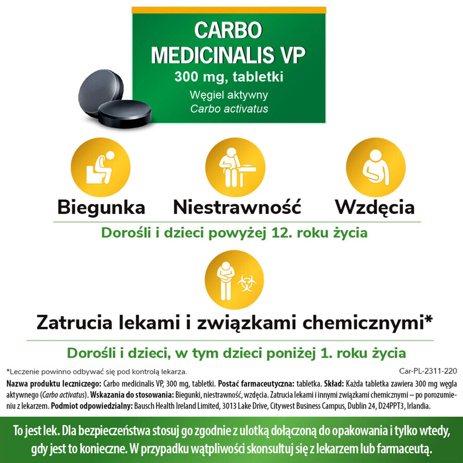 Carbo medicinalis VP 300 mg, carbone attivo, 20 compresse