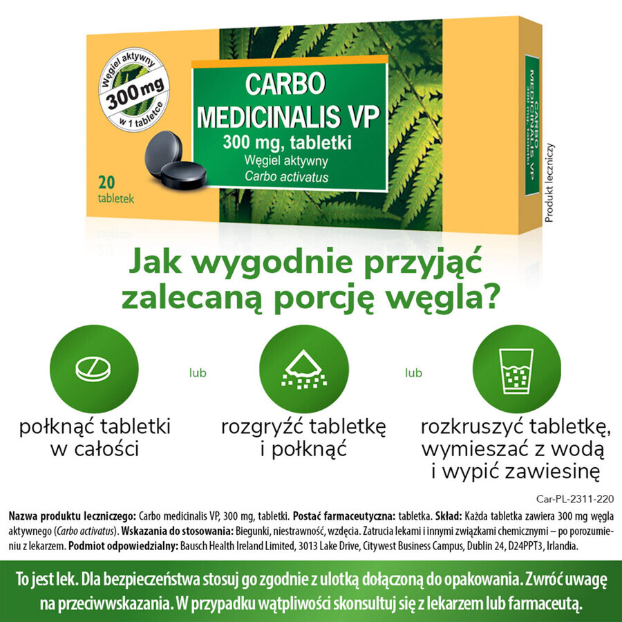 Carbo medicinalis VP 300 mg, carbone attivo, 20 compresse