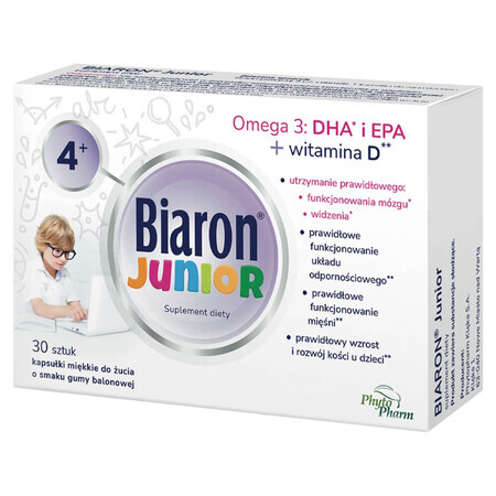 Biaron Junior, pentru copii peste 4 ani și adulți, aromă de fructe bubblegum, 30 capsule de mestecat