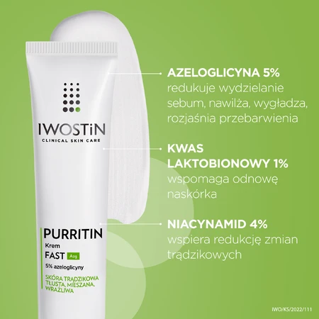 Iwostin Purritin, Fast Azg 5% azeloglicină cremă, ten acneic, gras, mixt și sensibil, 40 ml