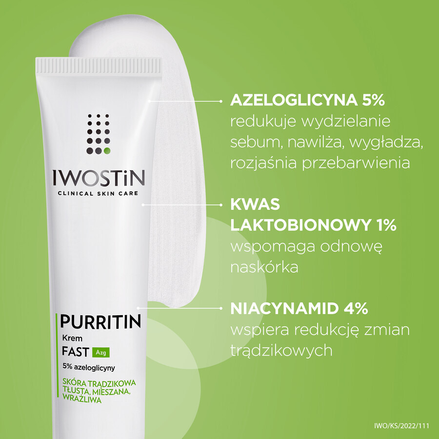 Iwostin Purritin, Fast Azg 5% azeloglycine cream, acneic, oily, combination and sensitive skin, 40 ml