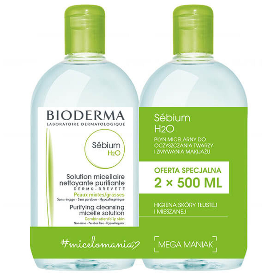 Bioderma Sebium H2O, Micellar lotion for oily, combination and acne-prone skin, 2 x 500 ml