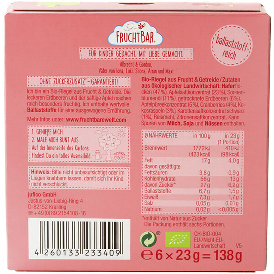 Fruchtbar Bio Müsliriegel, Erdbeere, Apfel, Hafer, nach 12 Monaten, 6 x 23 g