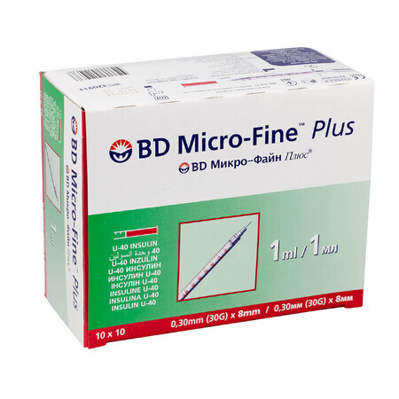 BD Micro-Fine Plus, Insulinspritze, 1 ml, U-40, mit 30G Nadel, 0,3 x 8 mm, 100 Stück