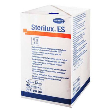 Sterilux ES, compresses de gaze stériles, 13 fils, 8 couches, 7,5 cm x 7,5 cm, 100 pièces