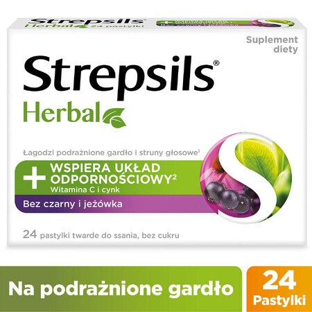 Strepsils Herbal, Holunder- und Echinacea-Geschmack, zuckerfrei, 24 Lutschtabletten