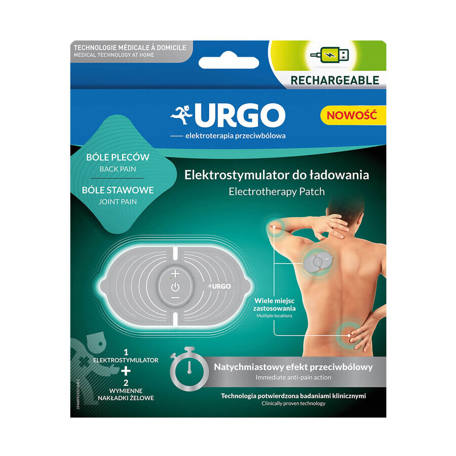 Urgo TENS, elettrostimolatore ricaricabile + 2 cuscinetti di gel sostituibili