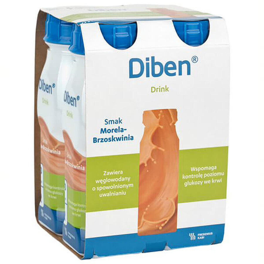 Diben Drink, preparazione nutrizionale, gusto albicocca e pesca, 4 x 200 ml