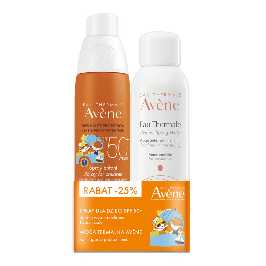 Avene Set, Wasserfestes Gesicht- und Körperspray für Kinder, empfindliche Haut, SPF 50+, 200 ml + Thermalwasser, 150 ml