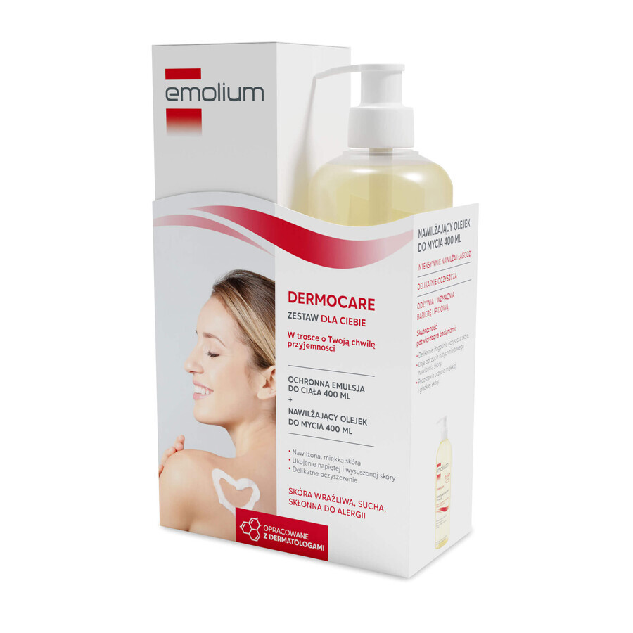 Set Emolium Dermocare, ulei de spălare hidratant, de la 3 luni, 400 ml + emulsie pentru corp, de la 1 zi de viață, 400 ml