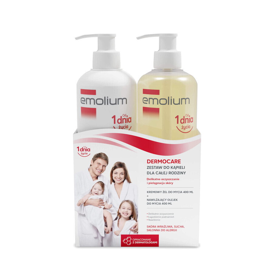 Set Emolium Dermocare, ulei de spălare hidratant, de la 3 luni, 400 ml + gel de spălare cremos, de la 1 lună, 400 ml