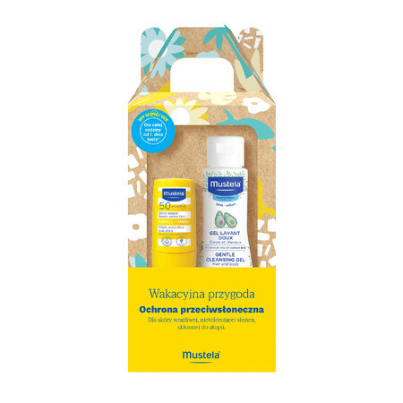 Mustela Sun Holiday Adventure set, stick de protecție solară, SPF 50, 9 ml + gel de spălare, 100 ml