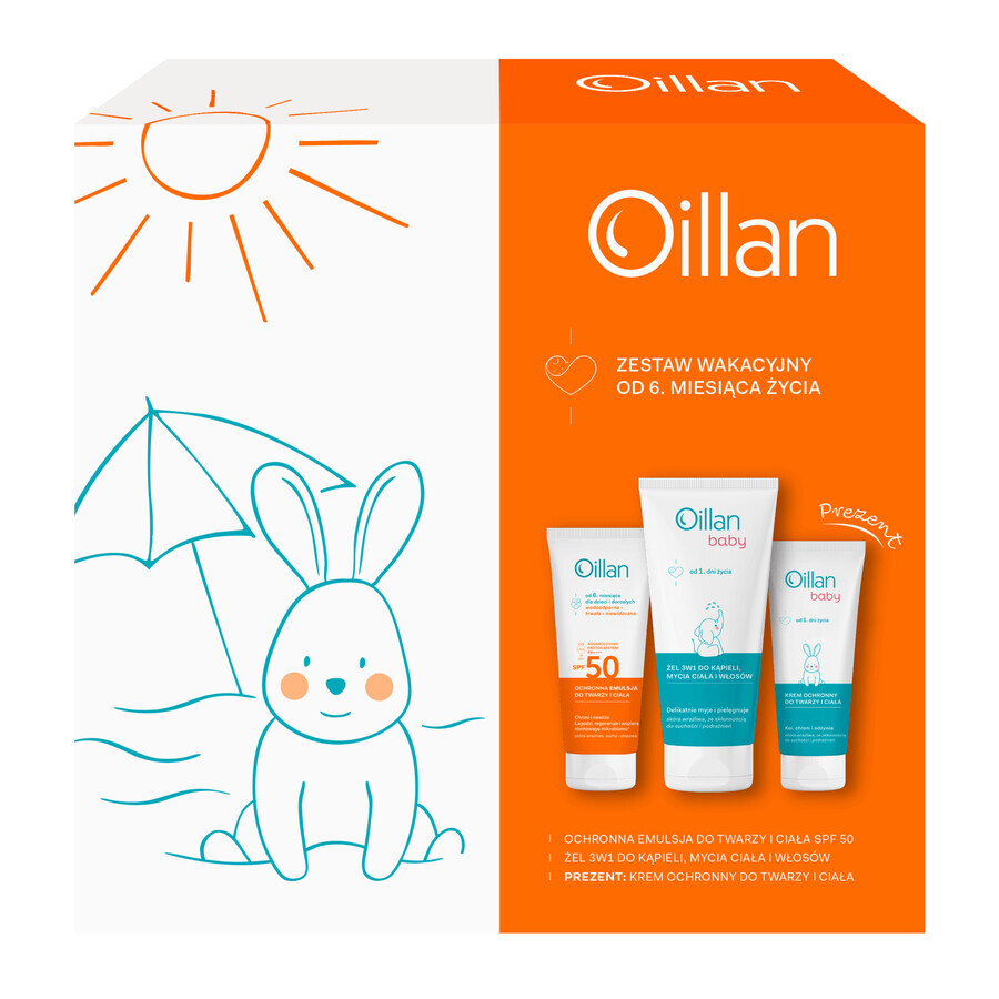 Oillan Sun Set, Protective emulsion for face and body, SPF 50, 100 ml + 3in1 bath gel, 200 ml + moisturizing cream, 75 ml free