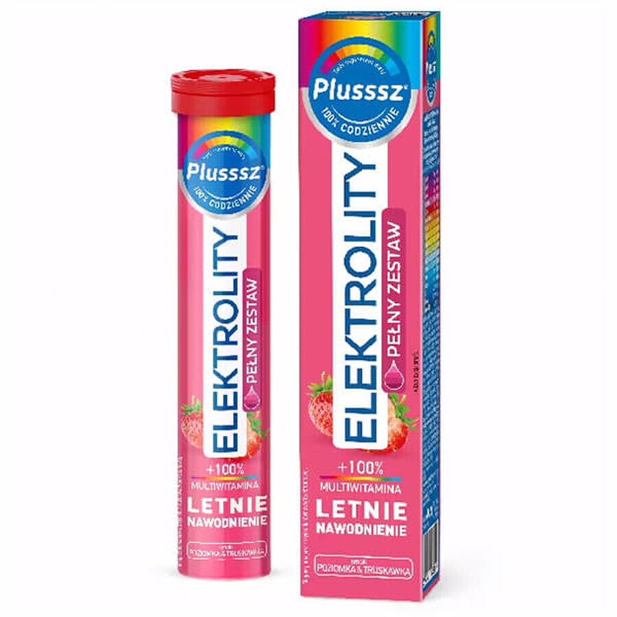 Plusssz Elektrolity + 100% Multivitamine, aromă de căpșuni și lămâi, 24 comprimate efervescente