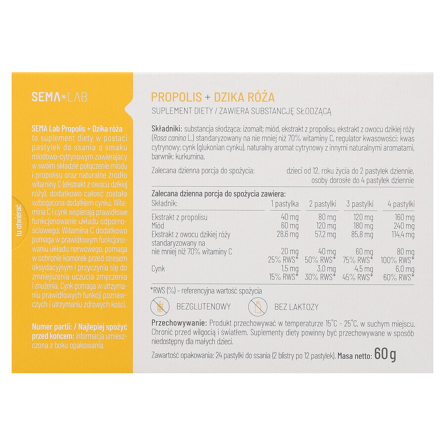 SEMA Lab Propolis + wild rose, honey and lemon flavor, 24 tablets