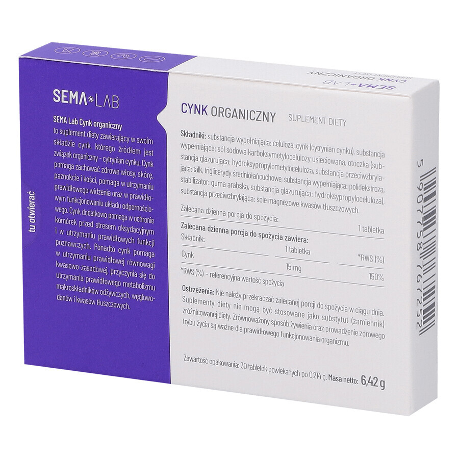 SEMA Lab Organic Zinc, 30 comprimate filmate