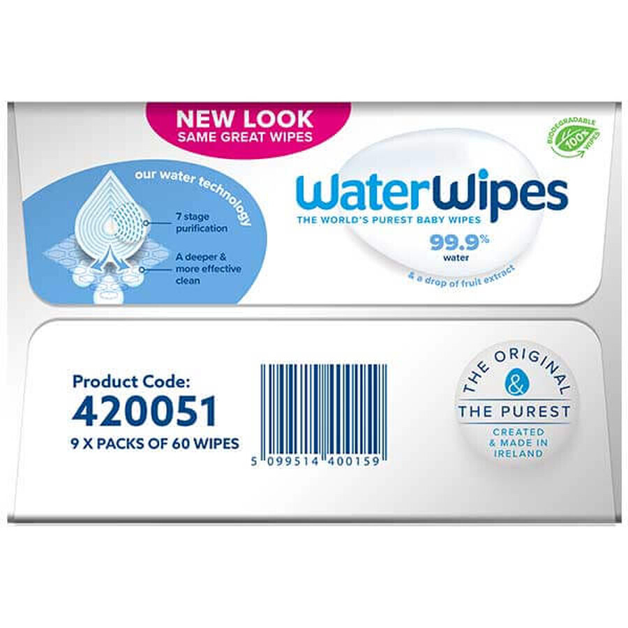 WaterWipes Bio, șervețele umede, apă, de la naștere, 9 x 60 buc