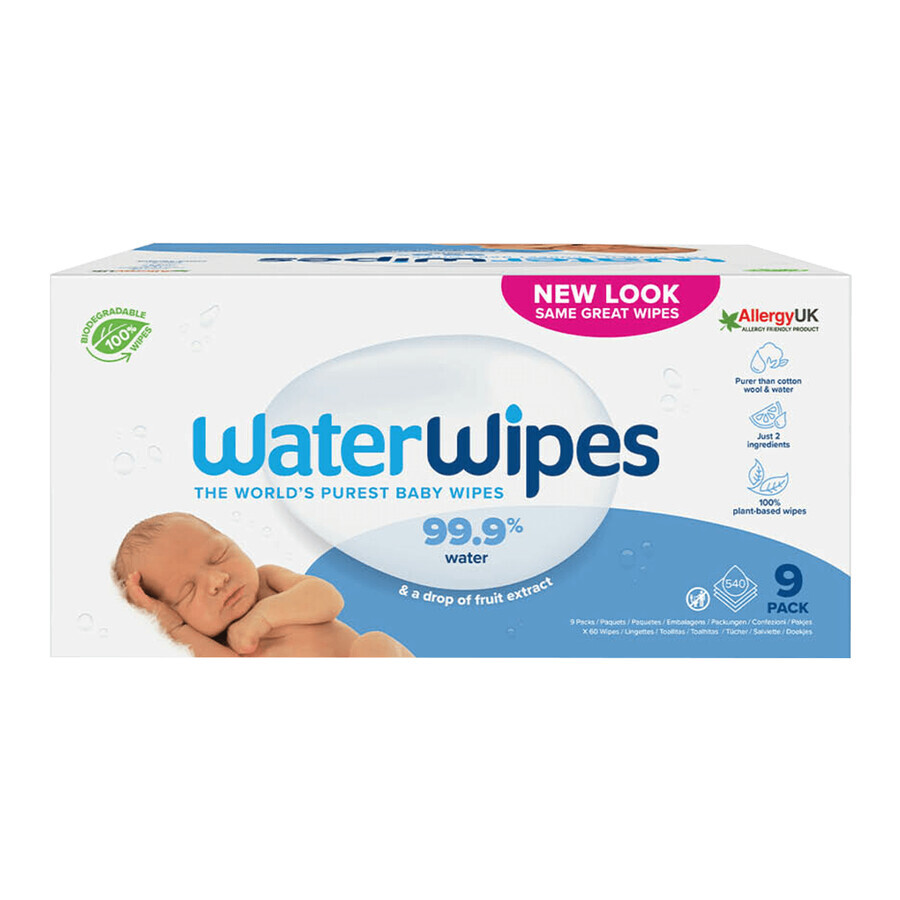 WaterWipes Bio, Feuchttücher, Wasser, von Geburt an, 9 x 60 Stück