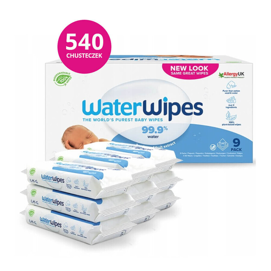 WaterWipes Bio, șervețele umede, apă, de la naștere, 9 x 60 buc