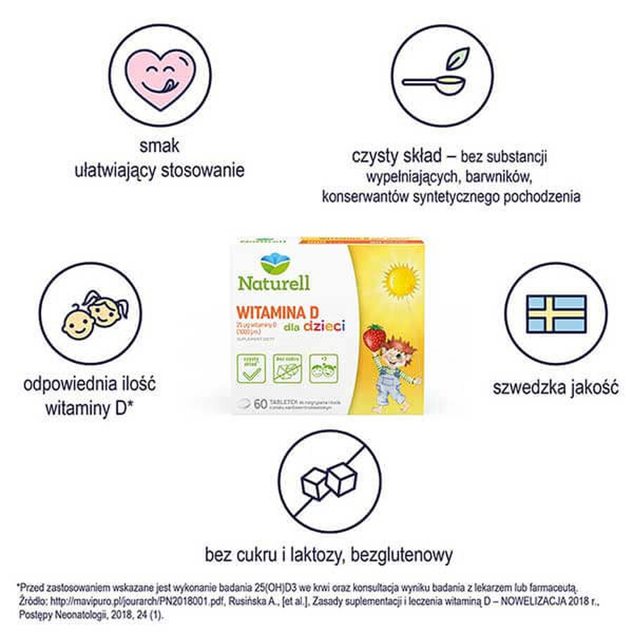 Naturell Vitamine D voor kinderen 1000 IE, vanille- en aardbeiensmaak, 60 kauwtabletten