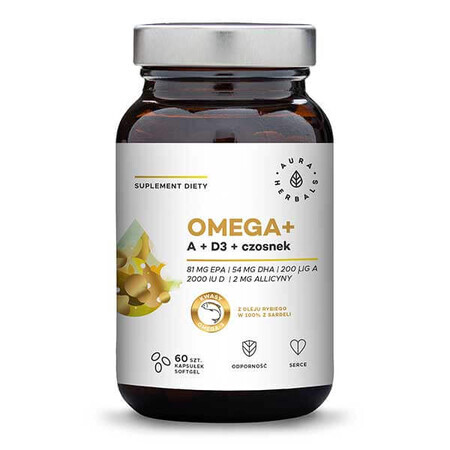 Aura Herbals Omega + Vitamin A + D3 + Knoblauch, 60 Kapseln