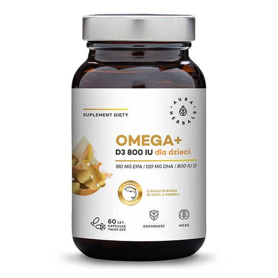 Aura Herbals Omega + Vitamina D3 800 UI pentru copii, 60 capsule twist-off