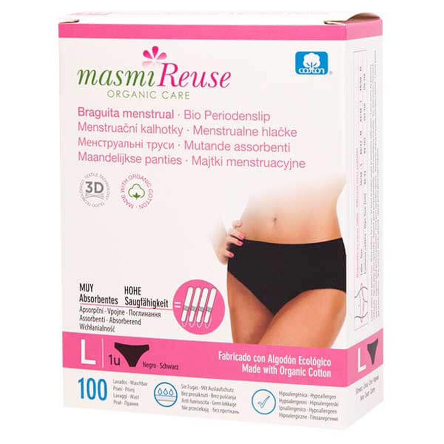 Masmi Reuse, Menstruationsslip, Bio-Baumwolle, schwarz, Größe L, 102-110 cm, 1 Stück