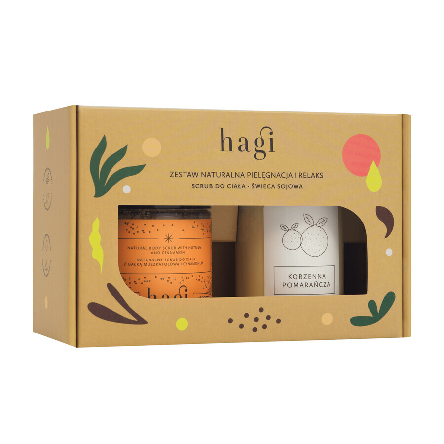 Hagi heating set, body scrub with nutmeg and cinnamon, 300g + soy candle, Spicy Orange, 215ml