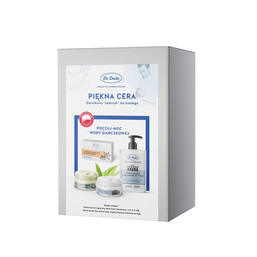 Dr Duda Piękna Cera Set, Noni Anti-Aging Creme, 50 g + Busk Schwefelcreme mit Vit. A + E, 50 g + Busk Schwefelseife, 300 g + natürliche Sanddornseife, 100 g