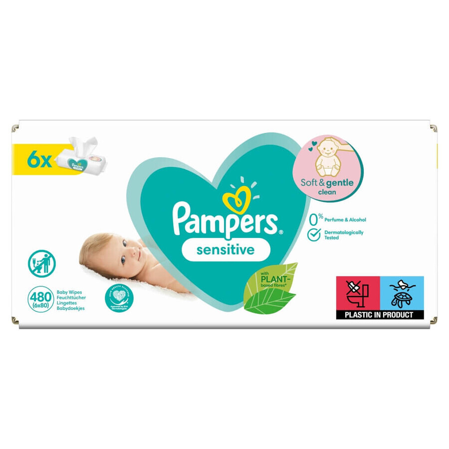 Pampers Sensitive, salviette umidificate, 6 x 80 pz.