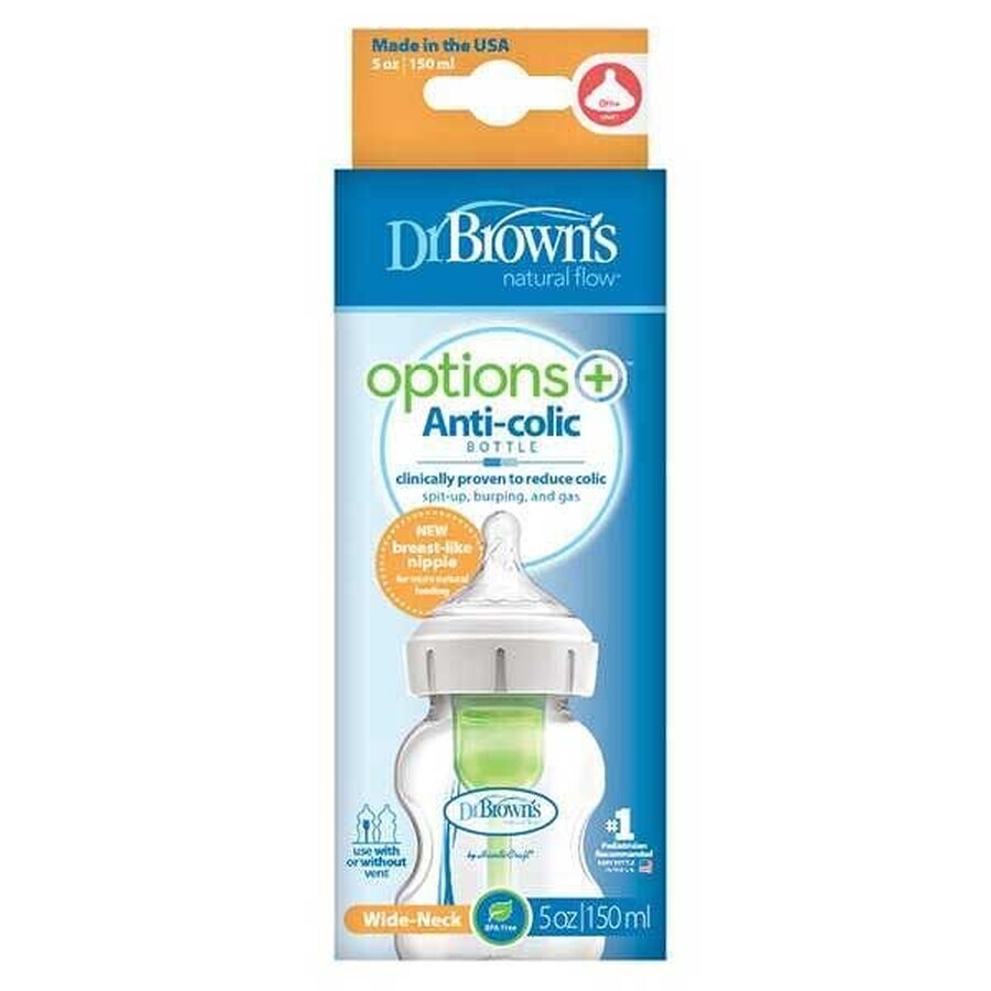 Dr. Brown's Options+, antikoliekfles met brede hals en speen, niveau 1, 0-3 maanden, 150 ml