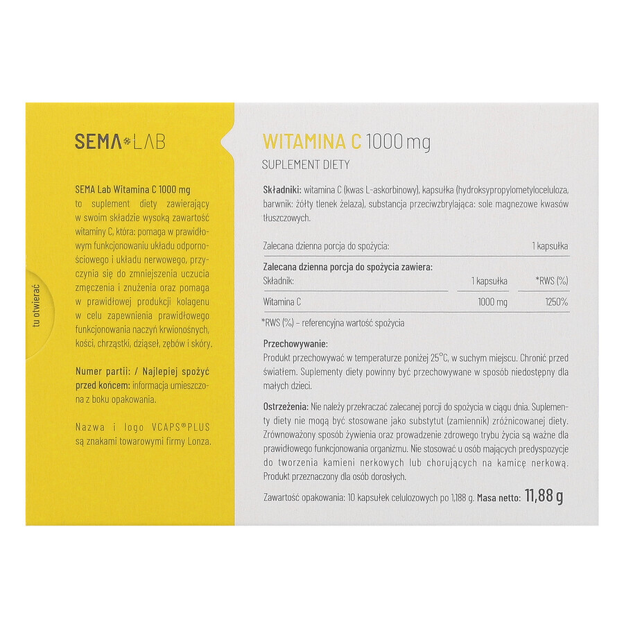 SEMA Lab Vitamin C 1000 mg, 10 Zellulosekapseln