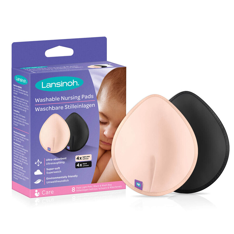 Lansinoh breast pads, reusable, 4 black + 4 pink, 8 pieces